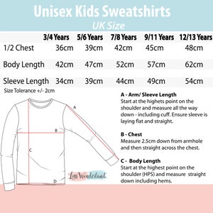Puede incluir: Tabla de tallas para sudaderas unisex para ni&ntilde;os. Las medidas en cm incluyen pecho, largo del cuerpo y largo de manga para tallas UK de 3/4 a 12/13 a&ntilde;os. Instrucciones de medici&oacute;n incluidas.