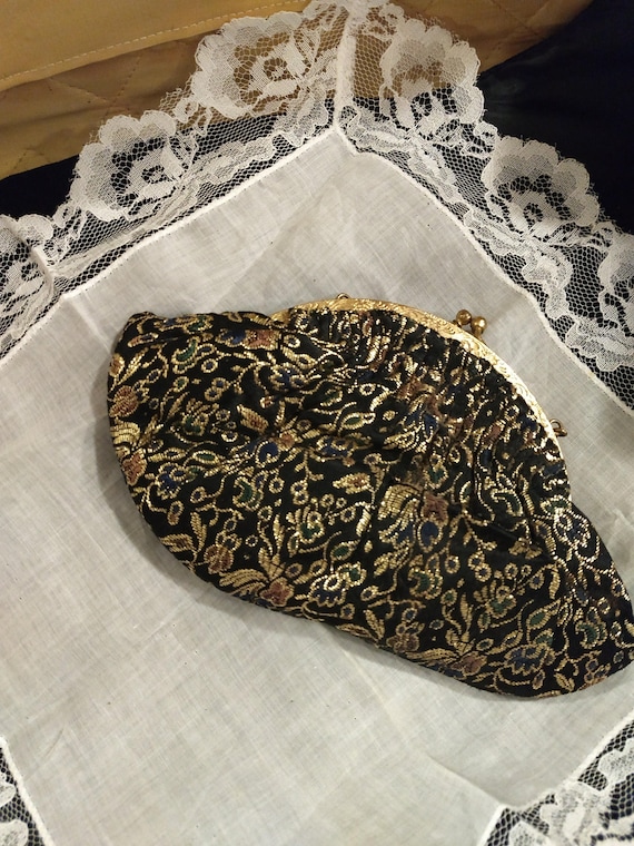 Vintage Petite Black and Gold Floral Purse