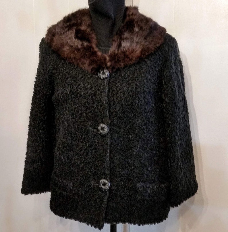 Vintage Black Boucle Box Coat with Mink Collar estimated size Small 36 bust