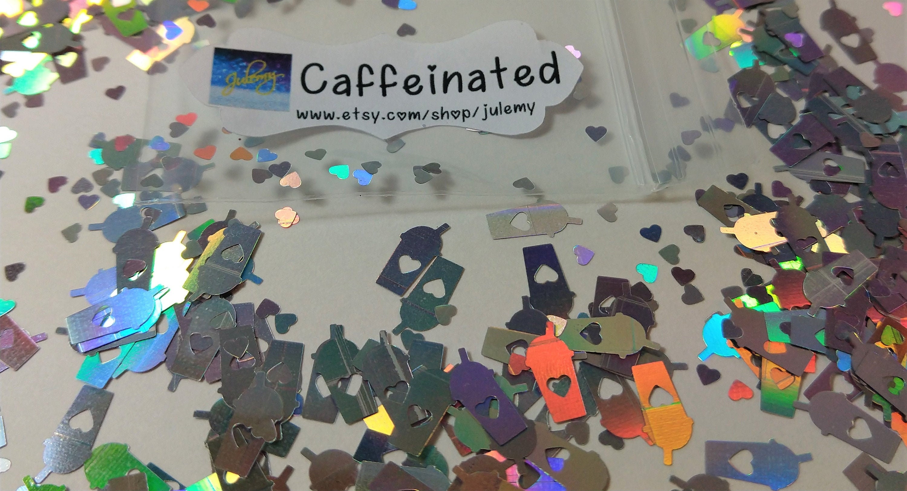 Caffeinated - Silver holographic drink and heart shaped spangles glit…