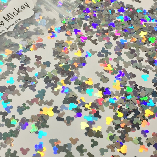 SILVER Holographic Mickey Mouse head shaped spangle glitter nail art confetti for nails, slime, tumblers solvent resistant  1 TSP