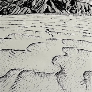 May include: A black and white pen and ink drawing of a landscape featuring mountains, a body of water, and a foreground of textured dunes. The mountains are detailed with cross-hatching, and the dunes are stippled.