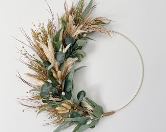 Neutre toute l’année Couronne minimale d’eucalyptus et de pampas, couronne d’herbes, couronne côtière neutre Boho, herbes côtières terreuses