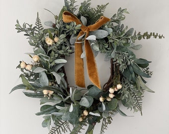 Farmhouse wreath for front door, Eucalyptus wreath, Greenery decor, French country decor, Farmhouse kitchen, Year round wreath