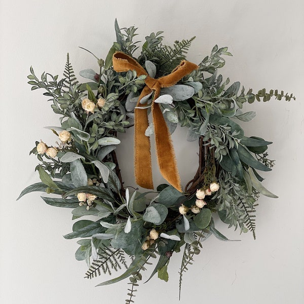 Farmhouse wreath for front door, Eucalyptus wreath, Greenery decor, French country decor, Farmhouse kitchen, Year round wreath