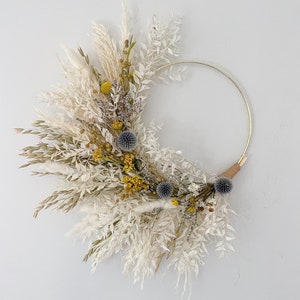 Dried Spring Yellow Blue minimalist Boho dried flower wreath, Dried Foliage Wreath, Neutral everlasting wreath, Dried flower arrangement image 1