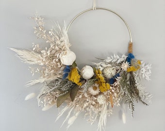 Whispy Whites and Dried Yellow and Blue minimalist Boho dried flower wreath, Dried Spring Foliage Wreath, Dried flower arrangement