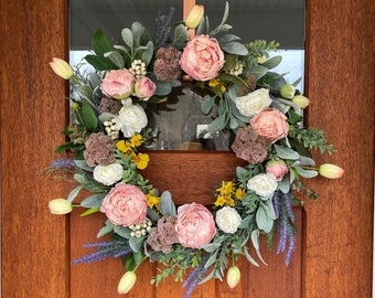 Spring Lamb's Ear, Peony and Lavender Wreath for Front Door, Farmhouse Greenery, Mother's Day Gift, Easter Wreath, Pastel Cottage Core