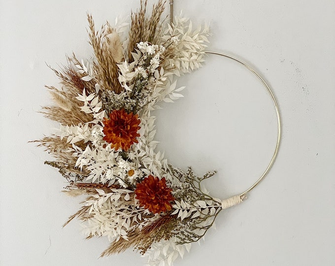 Rustic Boho Burnt Orange Dried Flower Wreath, Dried Foliage Wreath