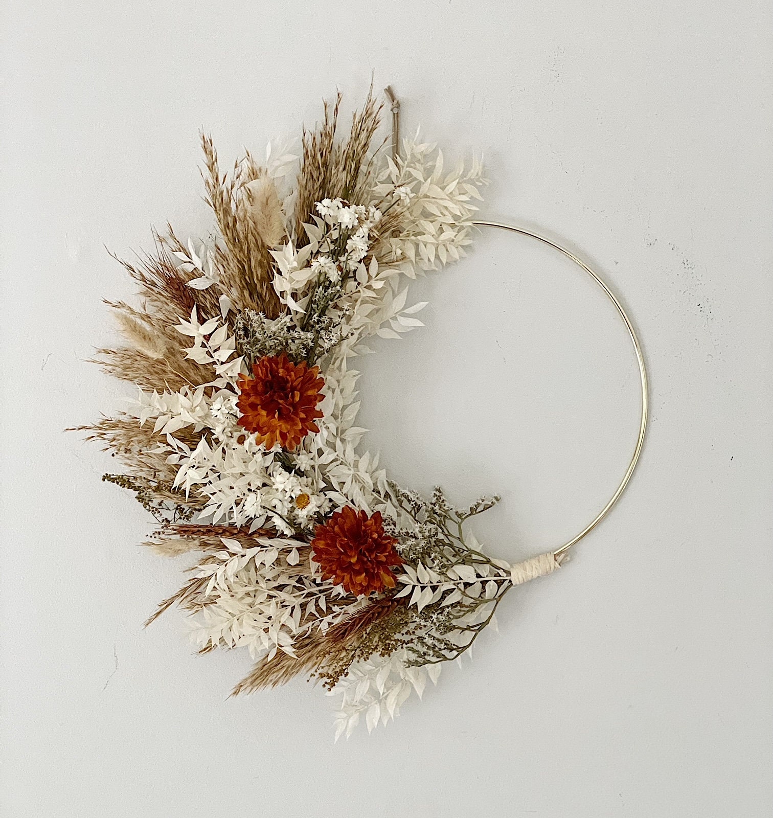 Couronne Rustique de Fleurs Séchées d'orange Brûlée Boho, Couronne Feuillage Séchée, Éternelle Neutr