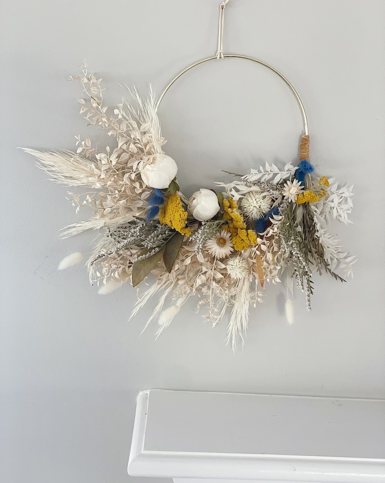 Whispy Whites and Dried Yellow and Blue minimalist Boho dried flower wreath, Dried Spring Foliage Wreath, Dried flower arrangement image 1