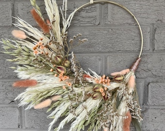 Neutral Pink and Peach All Year Round Minimal Eucalyptus and Pampas Wreath, Valentine's Gift, Boho Neutral Wreath, Earthy Coastal Grasses