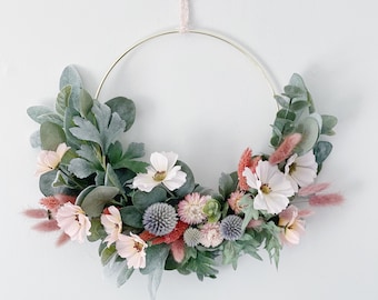 Modern Spring Hoop Wreath, Spring hoop wreath, Cosmos, lambs ear, and bunny tail wreath