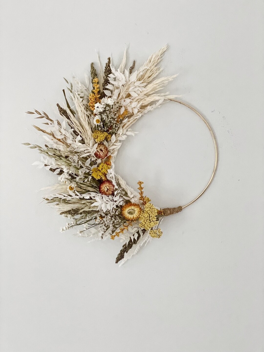 Fall Dried Yellow Apricot Minimalist Boho Dried Flower Wreath, Dried