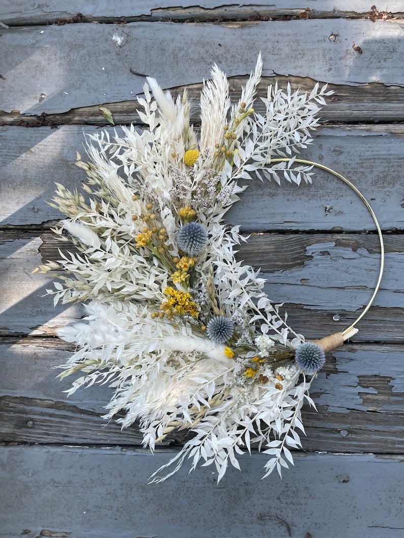 Dried Spring Yellow Blue minimalist Boho dried flower wreath, Dried Foliage Wreath, Neutral everlasting wreath, Dried flower arrangement image 3