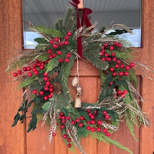 Wild and Rustic Red Berry Evergreen Christmas Wreath, Boho Christmas Wreath, Wreath with vintage bells, Sophisticated Classic Holiday Wreath