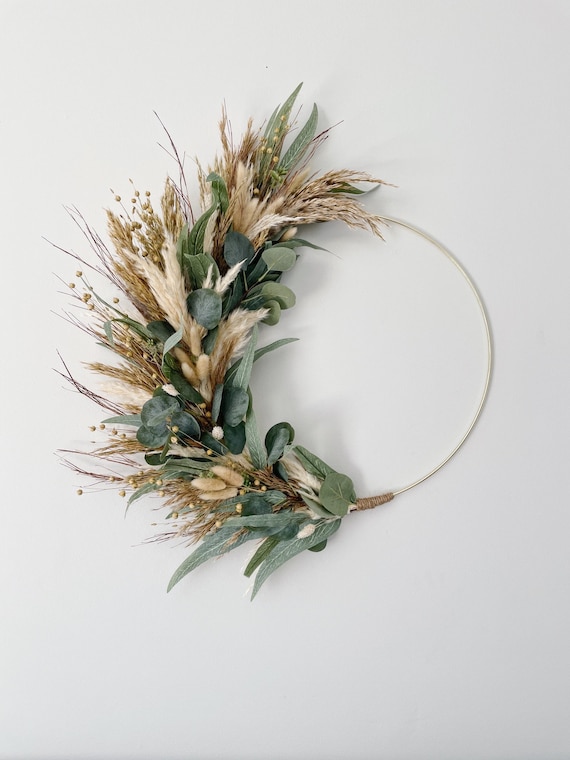 Neutral ganzjährig minimaler Eukalyptus und Pampas-Kranz, Gräserkranz, Boho Neutraler Küstenkranz, erdige Küstengräser