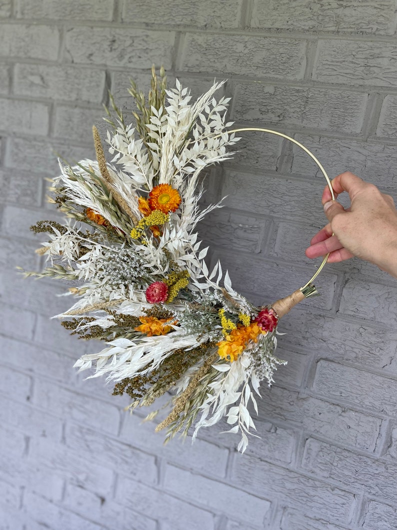 Fall Dried Yellow Apricot Minimalist Boho Dried Flower Wreath, Dried