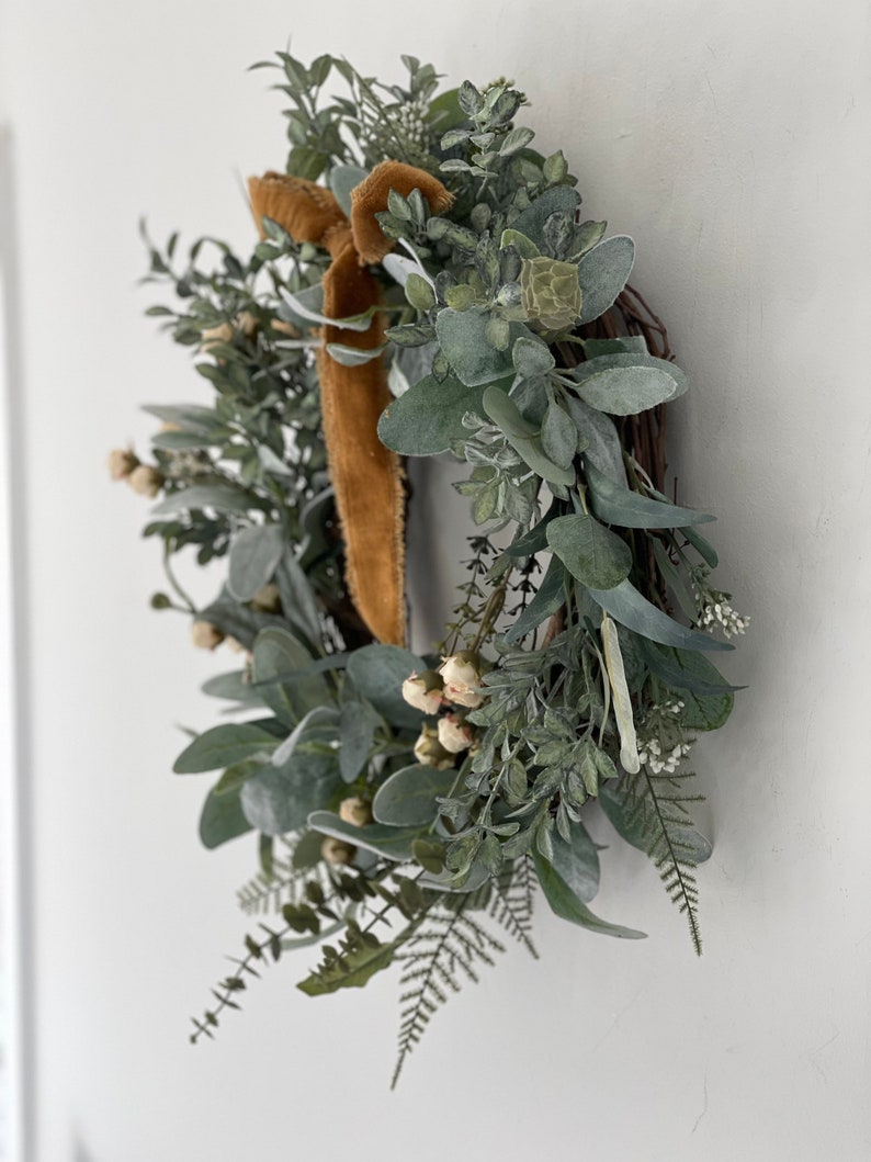 Farmhouse wreath for front door, Eucalyptus wreath, Greenery decor, French country decor, Farmhouse kitchen, Year round wreath image 2