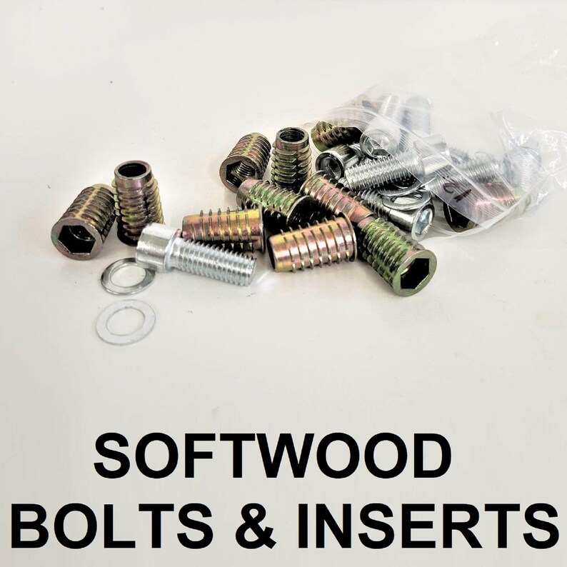 May include: A close-up of a bag of gold-toned metal bolts and inserts for woodworking. The bolts have a hexagonal head and a threaded shaft. The inserts are threaded and have a cylindrical shape.