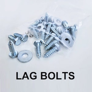 May include: A clear plastic bag filled with silver lag bolts and washers. The bag is on a white surface with the text "LAG BOLTS" printed below it.