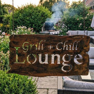 Cartello con scritta in inglese, Cartello da giardino arrugginito, Patina Ruggine da appendere, Decorazione del giardino, Grill+Chill lounge