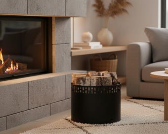Steel Firewood Holder – Modern Metal Log Basket, Black Powder-Coated Wood Storage with Plastic Feet