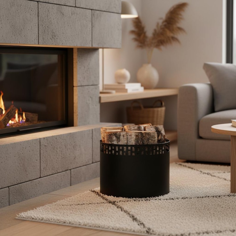 May include: A black metal log holder filled with firewood sits on a cream-colored rug. The holder has a decorative pattern around the top. A fireplace with a burning fire is in the background.