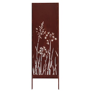 a dark brown metal panel with a white floral design on it.