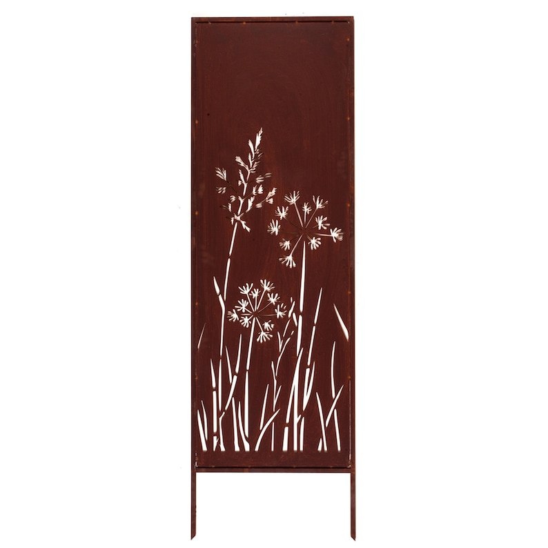 a dark brown metal panel with a white floral design on it.
