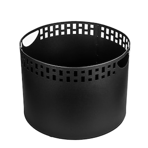 May include: A black metal cylindrical container with a perforated rectangular pattern near the top edge. The container has two curved handles and a solid base. The design is modern and minimalist.