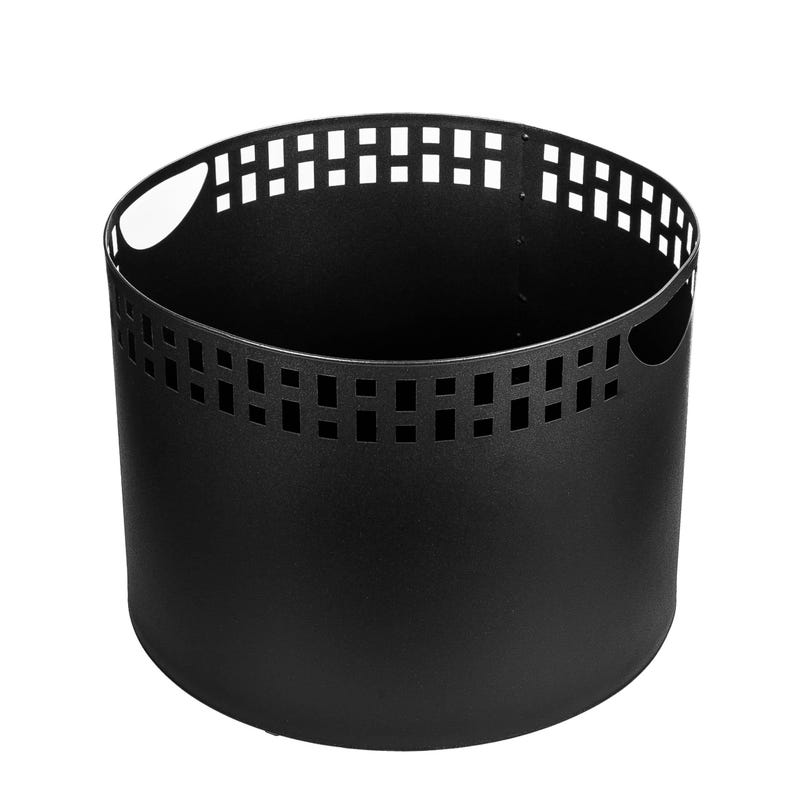 May include: A black metal cylindrical container with a perforated rectangular pattern near the top edge. The container has two curved handles and a solid base. The design is modern and minimalist.