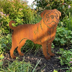 Mopsentuinpaal | Roestig metalen hondensilhouet | Staalwerfkunst | Cadeau mopshond | Handgemaakte buitendecoratie