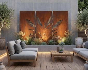Outdoor Privacy Screen: Rusted Steel Reed Grass Panels (Set of 3)