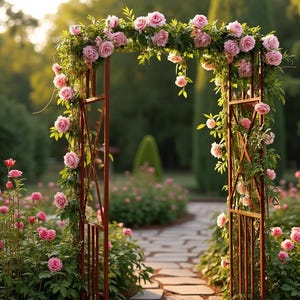 A beautifully decorated archway adorned with pink roses and greenery stands in a lush garden, leading to a stone path surrounded by vibrant pink roses.