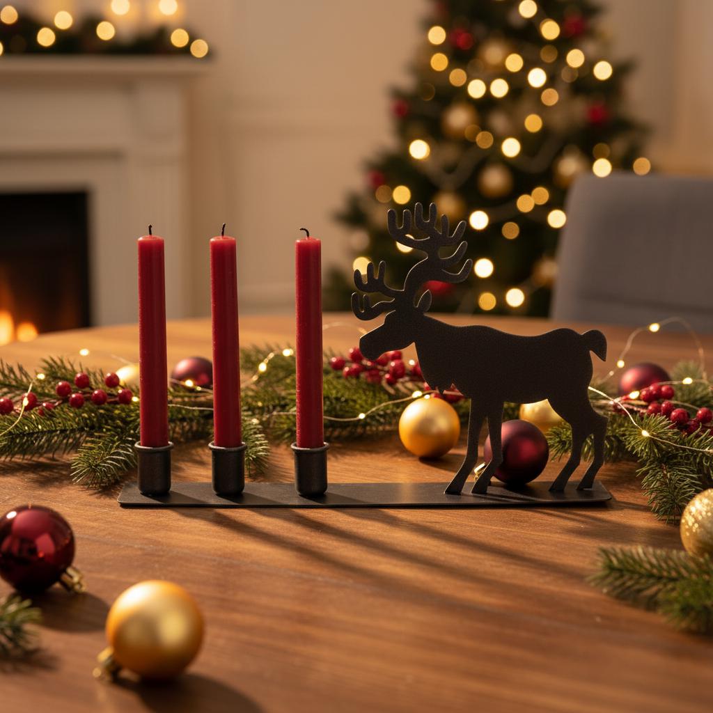 Centrotavola Natalizio Lungo Con Renna - Decorazione Tavola Natale 35x170 Cm - Rosso Festivo