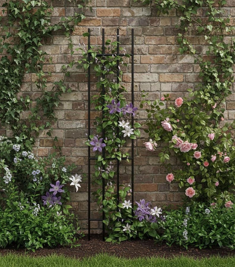 A lush garden scene with a brick wall backdrop, featuring a black metal trellis adorned with climbing flowers and greenery.
