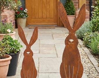 Rusty Metal Rabbits, Garden Ornaments Art, Rusty Garden Rabbit Gift, Steel Bunnies, Rusty Metal Hare, Outdoor Sign, Bunny Silhouette