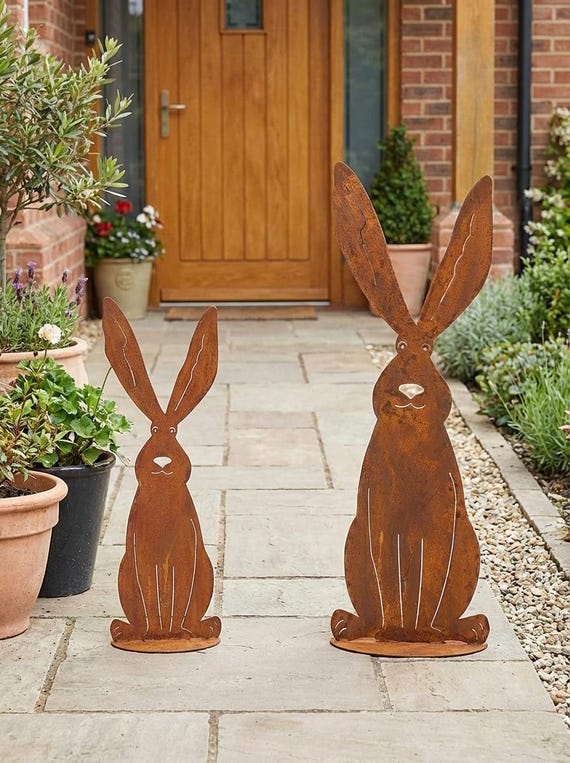 Rusty Metal Rabbits, Garden Ornaments Art, Rusty Garden Rabbit