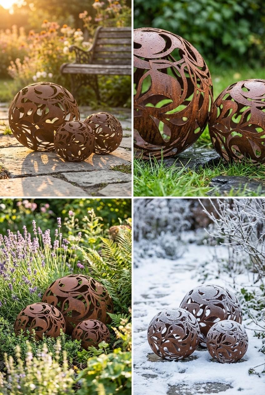 Boule De Feu Décorative En Métal Patiné - 30x30x30 Cm - Décoration Jardin Et Foyer Extérieur