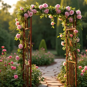 Può includere: Un arco di metallo ricoperto di rose rosa, circondato da un giardino di rose rosa.