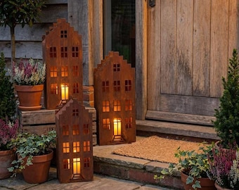 Rustieke Metalen Huizen - Set van 3 Decoratieve Huizen, Vintage Woondecoratie, Natuurlijk Roestpatina (33cm, 39cm, 45cm)