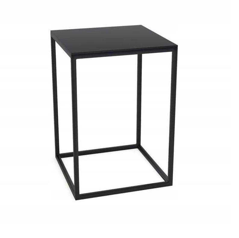 A simple, minimalist black metal side table with a square top and four evenly spaced vertical supports.