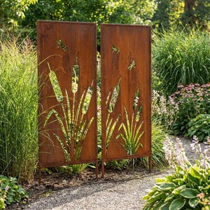 Cattail Garden Privacy Screen Metal Fence Panel Set Rust Steel Outdoor Privacy Wall Reed Pond Divider Dragonfly Decor