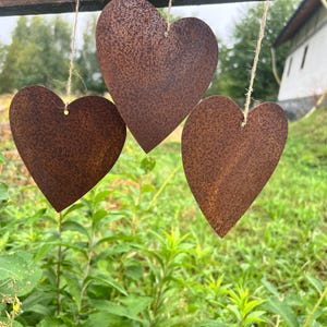 Op de afbeelding: Drie hartvormige metalen ornamenten met een roestbruine afwerking hangen aan touw. De getextureerde harten hangen tegen een achtergrond van groen gebladerte en een houten balk.
