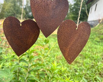Rustic Metal Heart Ornaments, Set of 3 (10x10 cm, Natural Rust)
