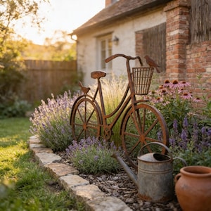 A rustic bicycle decoration stands in a lush garden, surrounded by vibrant flowers and a quaint house.