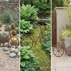 The image is a collage of three photos featuring a garden scene with a bicycle-shaped metal sculpture. The first photo shows the bicycle sculpture in a rocky garden setting, the second photo depicts the bicycle sculpture in a lush, green garden, and the third photo shows the bicycle sculpture in a garden with a pond and ferns.