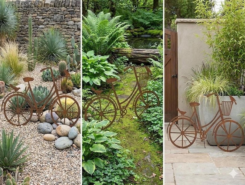 The image is a collage of three photos featuring a garden scene with a bicycle-shaped metal sculpture. The first photo shows the bicycle sculpture in a rocky garden setting, the second photo depicts the bicycle sculpture in a lush, green garden, and the third photo shows the bicycle sculpture in a garden with a pond and ferns.