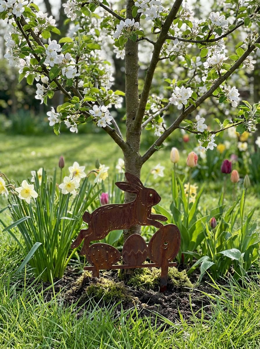 Osterhase springt über Eier Rostoptik, Metall Outdoor Osterdeko, Frühlingsdeko, Beet Deko, Pflanzkübel Akzent, Terrasse Balkon